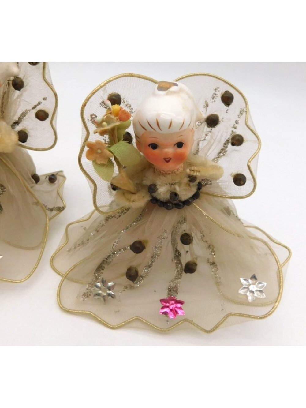 Lot 2 Vintage Holt Howard Tulle Christmas Angels 4" MCM Kitsch Holiday Decor - Picture 3 of 9